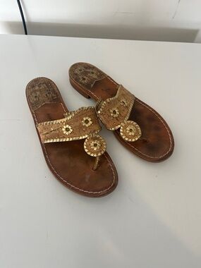 Women’s Jack Rodgers Gold Leather Beaded Toe-Post Sandals - Women